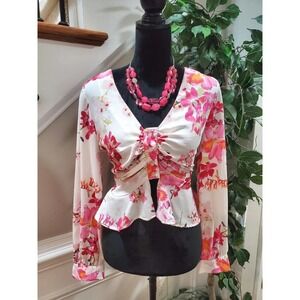 18 Centimeters Womens White Floral Long Sleeve V Neck Button Top Blouse Small